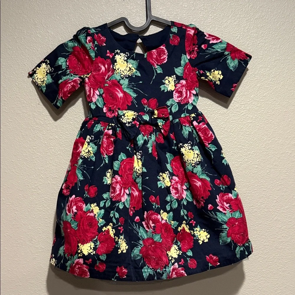 Janie And Jack Girl's Navy Floral Dress Bow Cut Out Back Size 3 yr (little girl)
